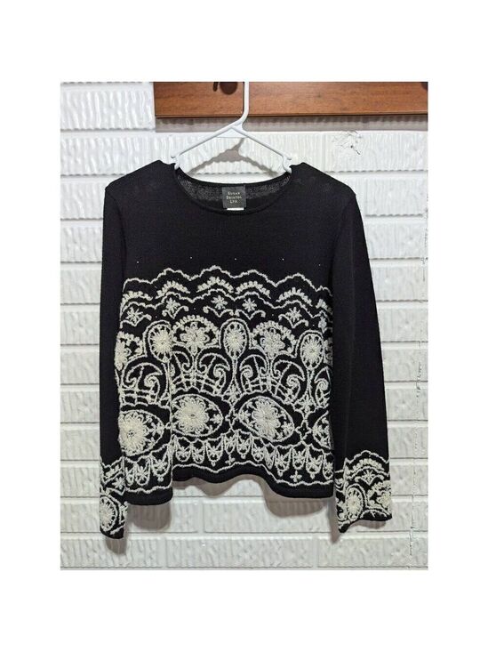 Susan Bristol Sweaters - Susan Bristol Women's Black Long-Sleeve Hand Embroidery Beaded Pattern Sweater S